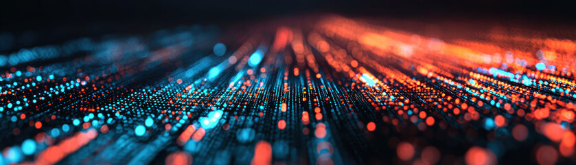 Poster - abstract digital light trails in blue and orange, representing data flow, technology advancement, an