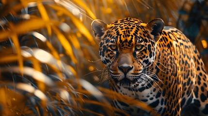 Wall Mural - Powerful Jaguar Prowling Through the Lush Jungle Its Spotted Coat Blending with Dappled Sunlight