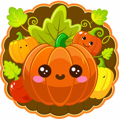 Kawaii Pumpkin Patch Illustration, Autumn Harvest Theme, Brown Background