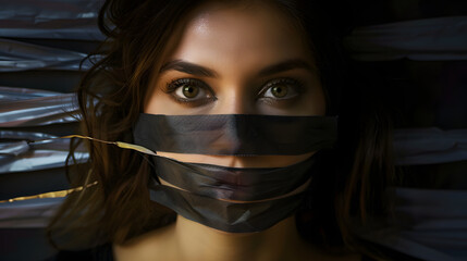 Wall Mural - A woman with her mouth sealed shut with tape that reads Censorship