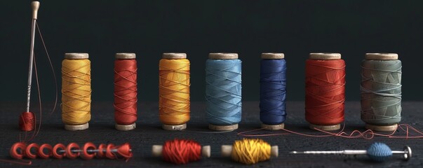 Set of sewing threads and needles, 4K hyperrealistic photo