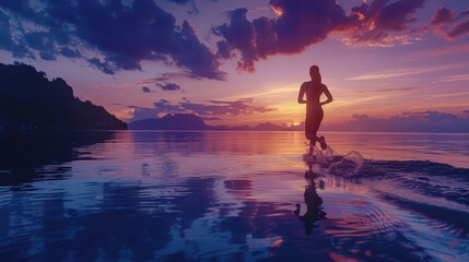 Silhouette of woman running on water at sunset with vibrant sky and peaceful lake