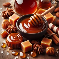 Wall Mural - Caramel candies and caramel sauce isolated.