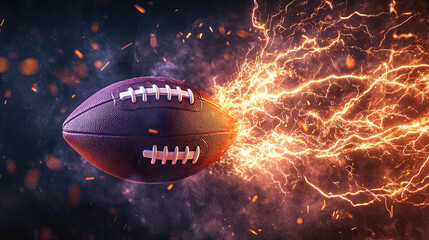 Flying American Football with Lightning on Dark Background, Energy Flash and Light Effects, Dynamic Football Burst, Intense Light and Thunder Visual, High-Impact Sports Design, Dramatic Lightning