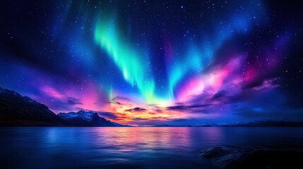 Sticker - A beautiful night sky with a colorful aurora borealis. The scene is peaceful and serene, with the water reflecting the sky and the aurora