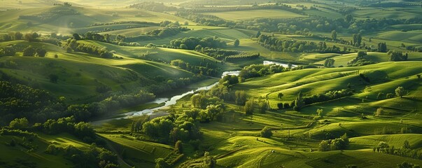 Sticker - Rolling hills of green farmland with a meandering river flowing through, 4K hyperrealistic photo