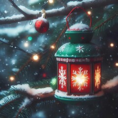 Wall Mural - christmas lantern on snow.