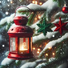 Wall Mural - christmas lantern on snow.