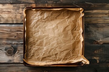 Wall Mural - Top view of empty metal pan with brown parchment on wooden table