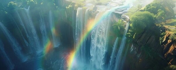 Wall Mural - Powerful waterfall creating a rainbow as it plunges into a deep gorge, 4K hyperrealistic photo