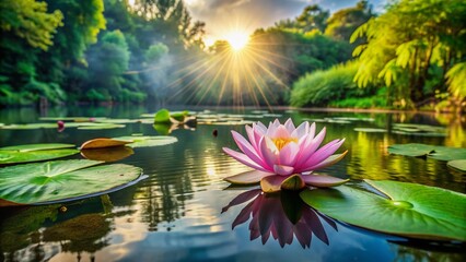 Poster - Serenely beautiful lotus leaf plant floats on tranquil lake water surrounded by lush green leaves and vibrant flowers in warm natural light atmosphere.