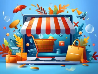 Sticker - Online Shopping Concept with Laptop, Shopping Cart, and Gifts.