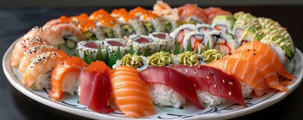 Wall Mural - Plate of assorted sushi rolls, 4K hyperrealistic photo