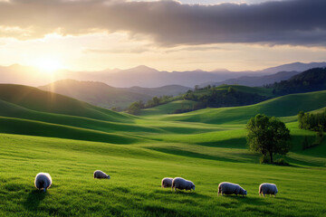 Wall Mural - A herd of sheep are grazing in a lush green field. The sun is setting in the background, casting a warm glow over the landscape. The scene is peaceful and serene, with the sheep calmly grazing