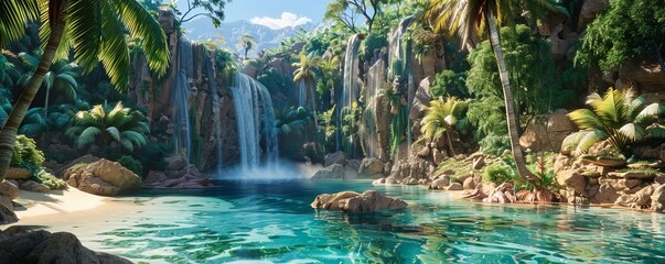 Wall Mural - Oasis with a hidden waterfall cascading into a crystal-clear pool, 4K hyperrealistic photo