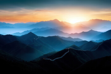 Wall Mural - The mountains are covered in a blue mist and the sun is setting behind them. The sky is a mix of orange and blue hues