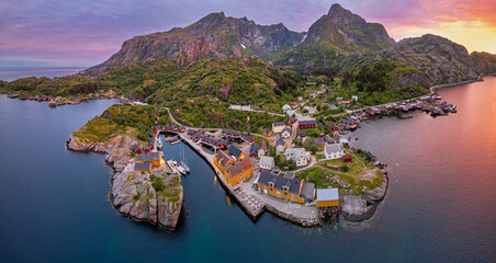 Wall Mural - Fishing village Nusfjord at midnight sun - aerial overview (Lofoten, Norway)
