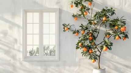 Orange fruit on tree with background of window of building