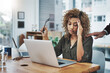 © BestLens/peopleimages.com - Business woman, headache and laptop with office support from stress from writer project with issue. Manuscript, employee and anxiety from work deadline and tired from creative problem with eye strain