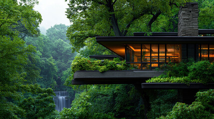 A house with a large waterfall in the background. The house is surrounded by trees and has a lot of greenery