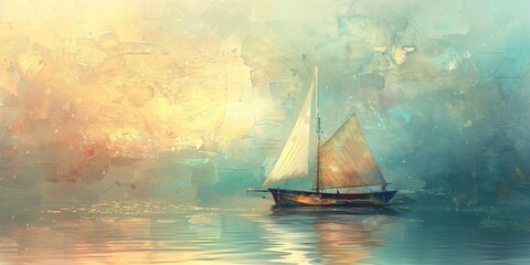 Wall Mural - A sailboat on calm waters at sunset.