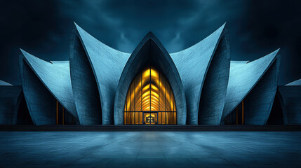 Poster - The building is a large, modern structure with a unique, curved design. The entrance is illuminated by a large window, giving the building a welcoming and inviting appearance
