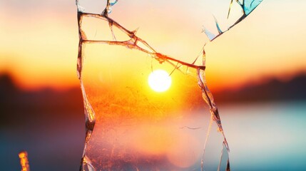 Wall Mural - a warm sunset glows through fragmented glass, casting light on tranquil waters in the distance