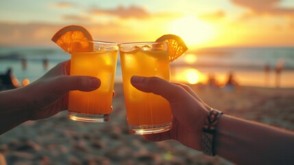 Two glasses of orange juice clink with tropical sea and sunset romantic background