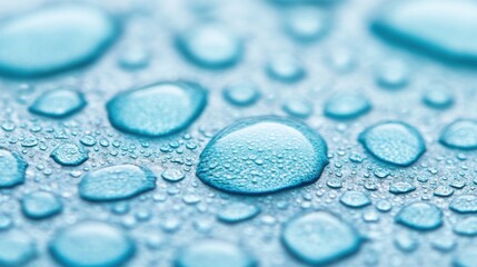 Poster - Clear water droplets cluster on a smooth blue surface, enhancing the tranquil ambiance of the setting