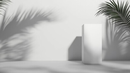 Aufkleber - A white pedestal stands in the light, casting intricate shadows from palm leaves nearby