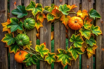 Wall Mural - Vibrant green pumpkin leaves entwine a rustic wooden fence, delicate tendrils curling around stems, forming a lush autumnal display of nature's ornate patterns.