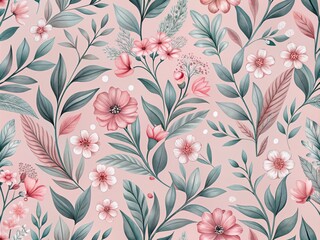 Sticker - Delicate pink flowers and grey leaves entwined on a soft pink background, forming a beautiful seamless floral pattern perfect for elegant wallpaper or textile design.