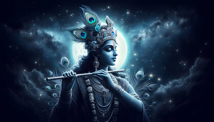 Lord Krishna Portrait against a dark sky	