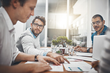 Poster - People, brainstorming and documents for teamwork, discussion and business meeting in office. Group, employees and working with paperwork, support and cooperation for collaboration, project and career