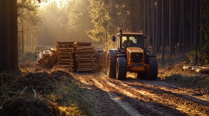 Tractor moving through dense forest surrounded logging