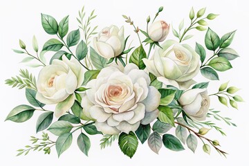 Canvas Print - Delicate watercolor illustration of white rose branches with soft petals and lush greenery on a pure white background, evoking romance and wedding elegance.