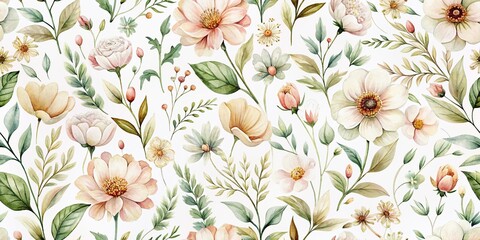 Poster - Delicate watercolor floral pattern featuring simple, neutral flowers on a white background, perfect for fabric, home decor, and wrapping with a bright and cute color palette.