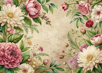 Wall Mural - beige, pink and green themed renaissance inspired floral flowers illustration vintage rustic backgro