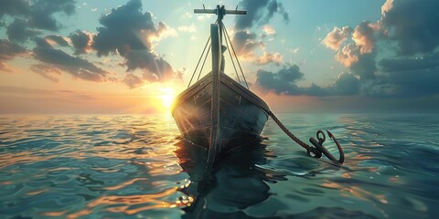 Wall Mural - Wooden boat in calm water at sunset.