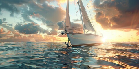 Wall Mural - Sailboat at sunset on a rippling sea.