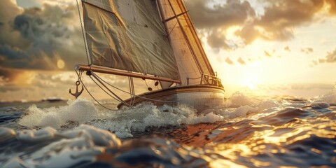 Wall Mural - Sailboat sailing into a golden sunset.