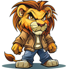 Cartoon lion character in casual attire standing confidently with a rocky stance