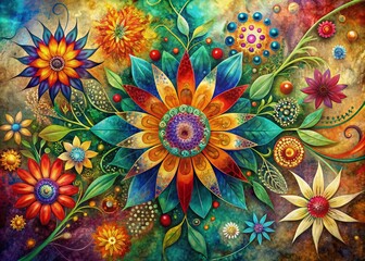 Aufkleber - vibrant abstract floral elements dance across a textured background, entwined with intricate geometr