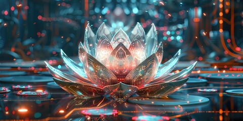 A glowing metallic lotus flower in a futuristic setting.