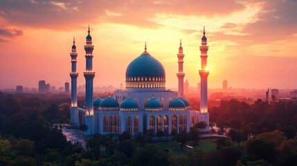 Sticker - Majestic Mosque at Sunset with Cityscape and Palm Trees