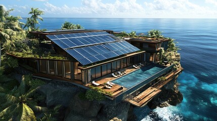 Photovoltaic rooftop system on an island hotel, capturing solar energy for eco-friendly electricity.