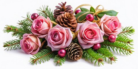 Wall Mural - Delicate pink roses arranged in a elegant bouquet surrounded by festive Christmas decorations, pinecones, and ribbons, isolated on a clean white background.