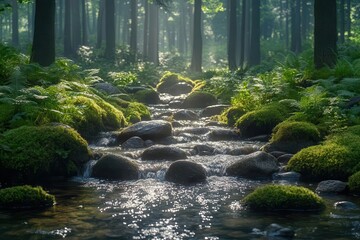 Wall Mural - serene forest glade with meandering crystalclear stream dappled sunlight filtering through lush canopy mosscovered rocks ferns unfurling sense of tranquility and hidden magic