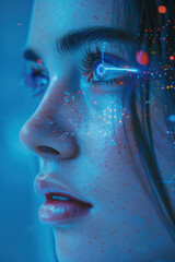 Wall Mural - cyber security,  A female face with sharp features and piercing eyes is captured in a close-up portrait, a shimmering holographic security icon floating intriguingly in her line of