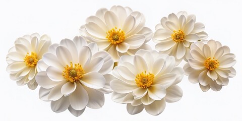 Wall Mural - Delicate white flowers with soft petals and yellow centers are arranged in a beautiful collection, isolated on a clean white background as a transparent PNG.